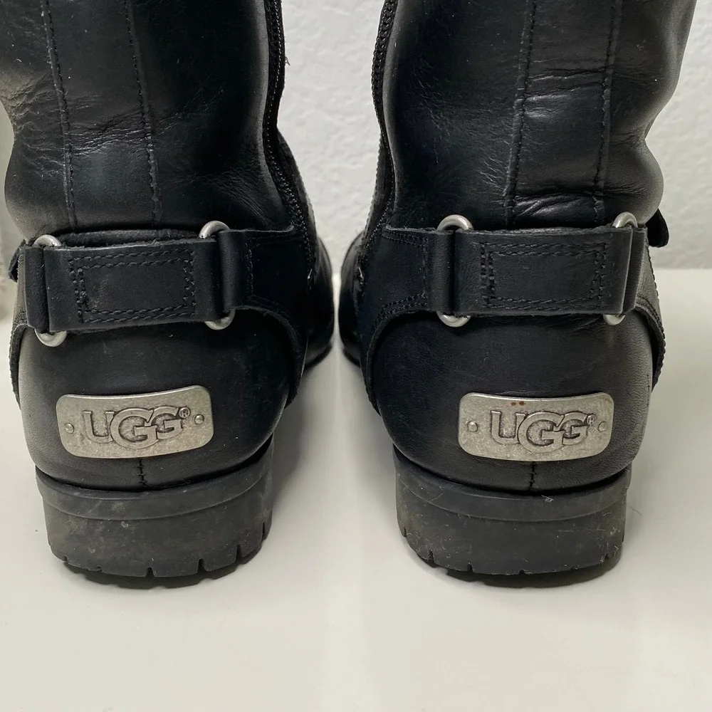 UGG‎ Gershwin Black Leather Tall Motorcycle Riding Boots Buckle Detail Size 7.5